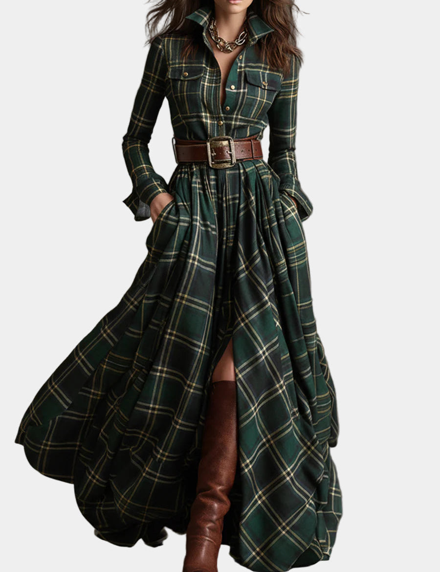 Ἑλένη – Μακρύ Καρό Φόρεμα με Ρευστή Γραμμή