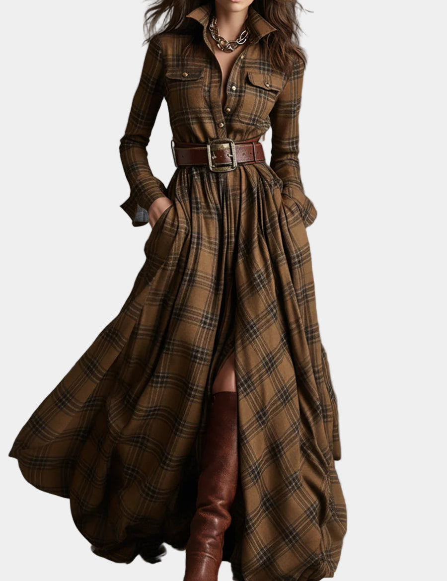 Ἑλένη – Μακρύ Καρό Φόρεμα με Ρευστή Γραμμή