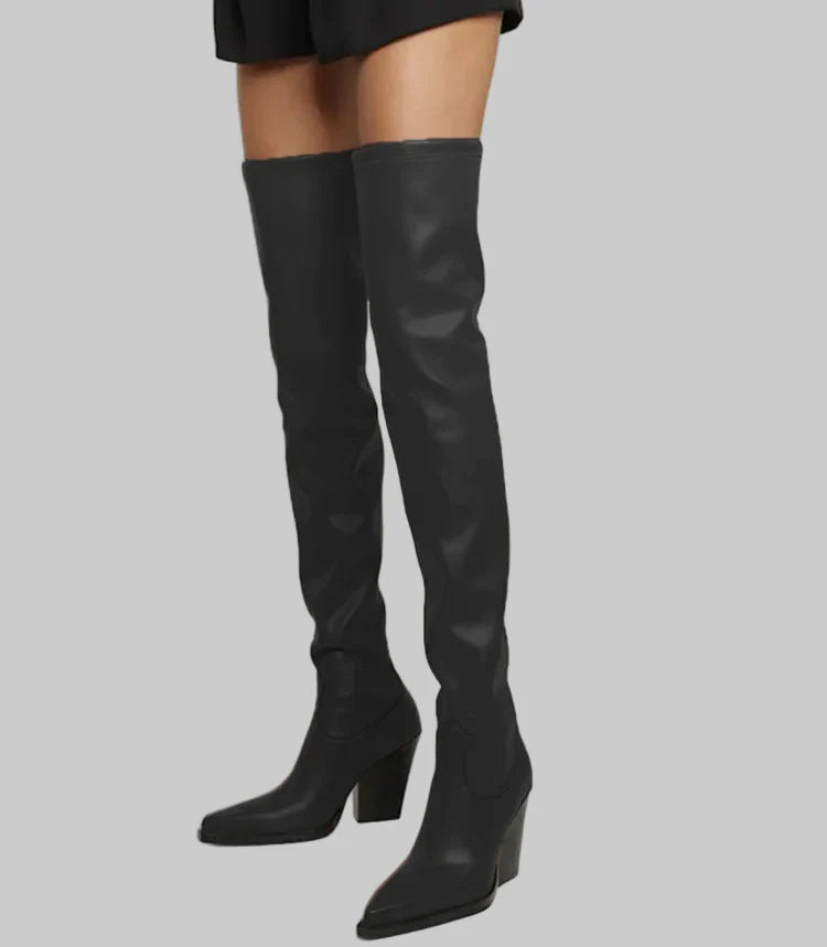 Daphne - Μπότες με τακούνι πάνω από το γόνατο με δερμάτινη εμφάνιση